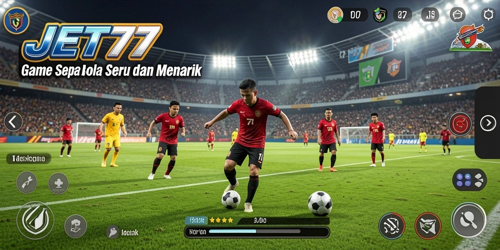 Tangkapan layar utama JET77 menampilkan aksi seru dalam permainan sepak bola.